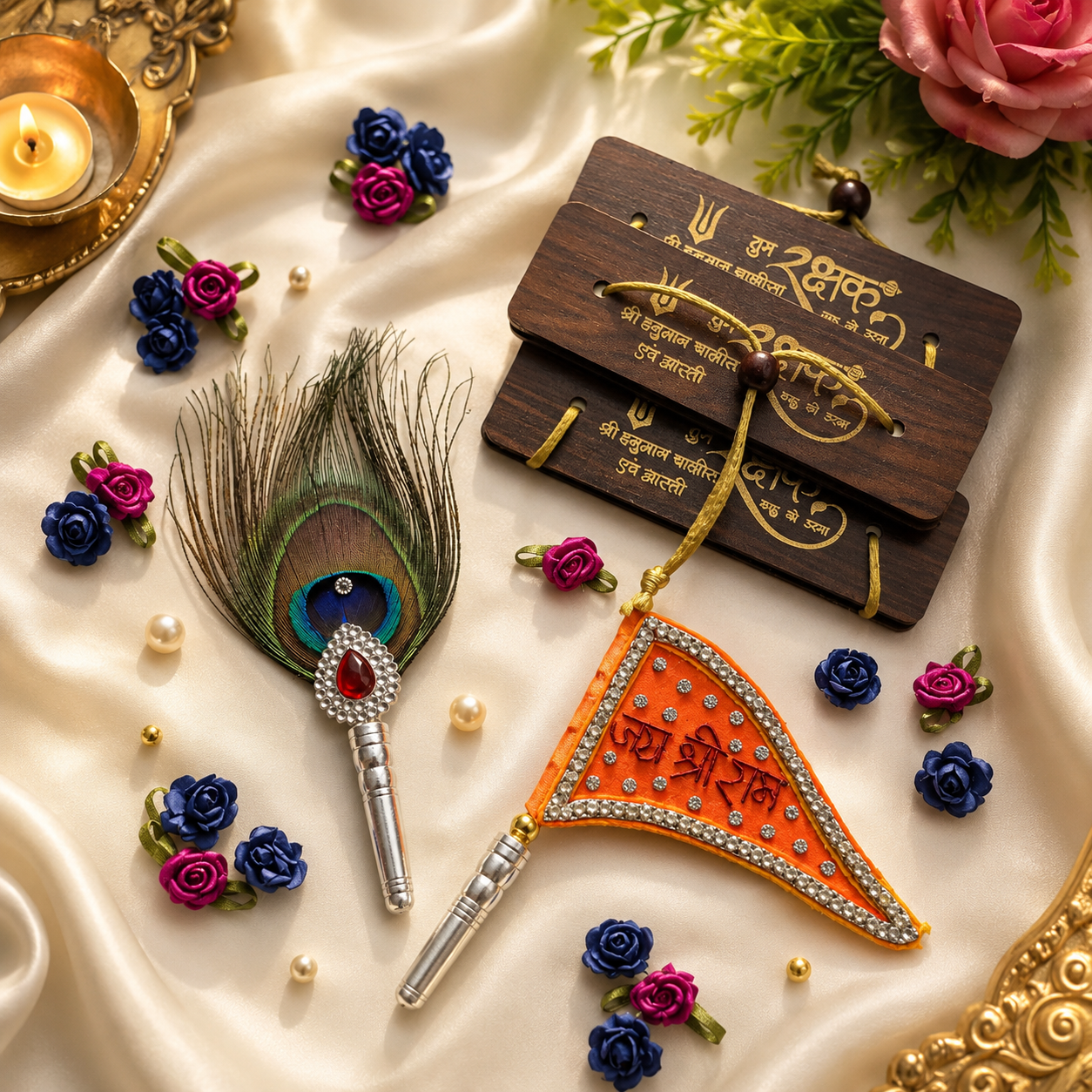 999 Silver Ram Bhakti Combo - Ram Dwaja, Hanuman Chalisa & MorPankh Shriramsilverworks